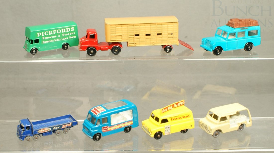 7 Matchbox Toy Cars including: Jennings Cattle T: 7 Matchbox Toy Cars including: Jennings Cattle Truck Major Pack no 7, Commer Ice Cream Canteen no 47, ERF 686 Truck no 20, Evening News Van no 42, Pickford Removal Van no 46, Land Rover Safari no 12,