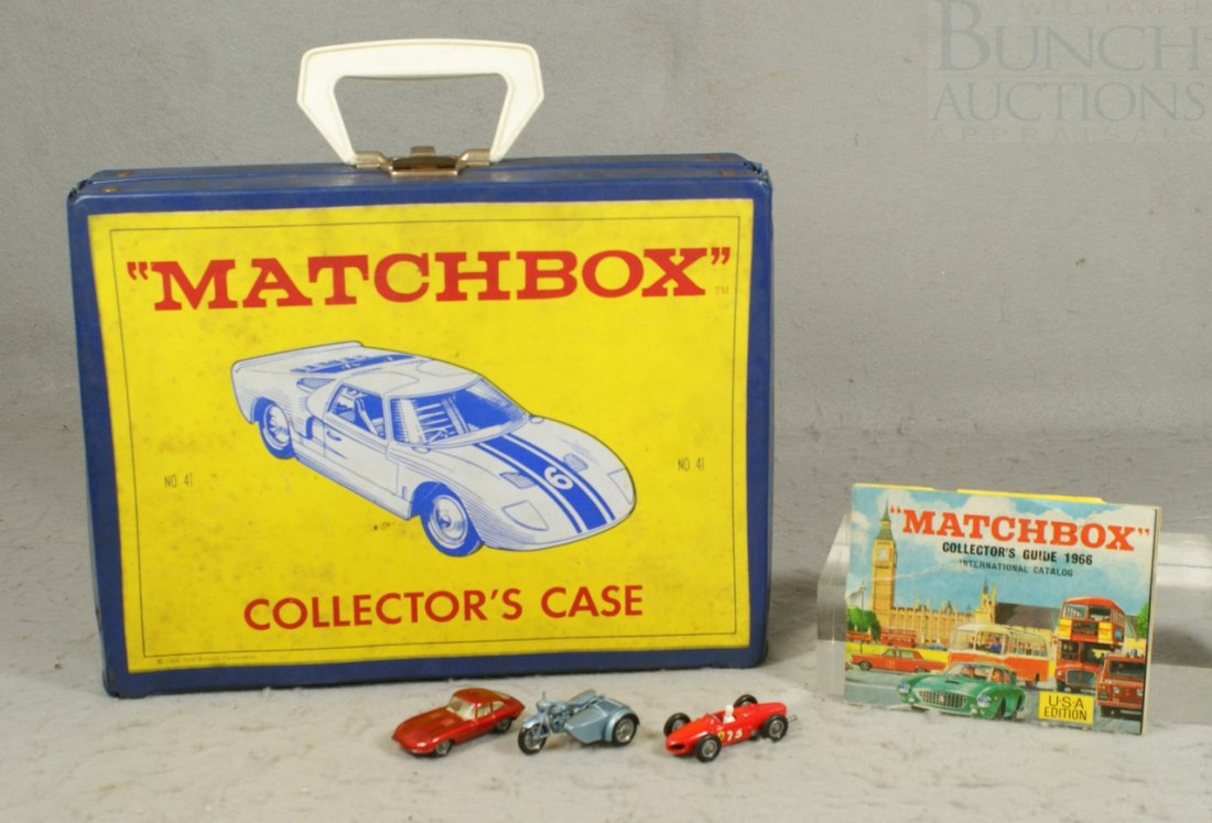 3 Matchbox Toy Cars including: Triumph T110 no 4: 3 Matchbox Toy Cars including: Triumph T110 no 4, E Type Jaguar no 32, F1 Ferrari no 73 together with a 1966 Matchbox Collector's Case and guide