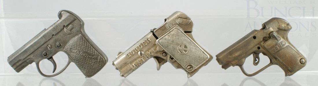 3 Cast Iron Cap Pistols including 1925 National,: 3 Cast Iron Cap Pistols including 1925 National, 1930 Stevens "25 Jr", and 1935 Kilgore Border Patrol, longest 4-1/4", in working order