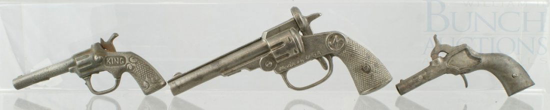 3 Cast Iron Cap Pistols including unmarked 1876: 3 Cast Iron Cap Pistols including unmarked 1876 Stevens, 1920 Stevens King Cast Iron Cap Pistol, and unmarked 1925 National, longest 6-1/2", in working order