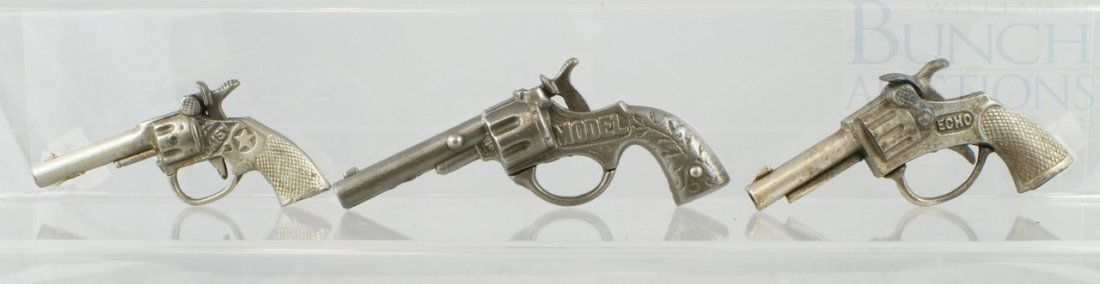 3 Cast Iron Cap Pistols including 1900 Stevens M: 3 Cast Iron Cap Pistols including 1900 Stevens Model, 1925 Hubley Daisy, and 1930 Stevens Echo, longest 5-1/2', in working order