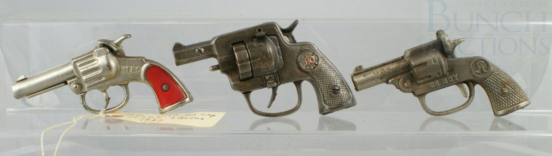 3 Cast Iron Cap Pistols including 1922 National: 3 Cast Iron Cap Pistols including 1922 National Oh Boy, 1929 Kilgore Lone Eagle, 1937 Stevens Hero, longest 5", in working order