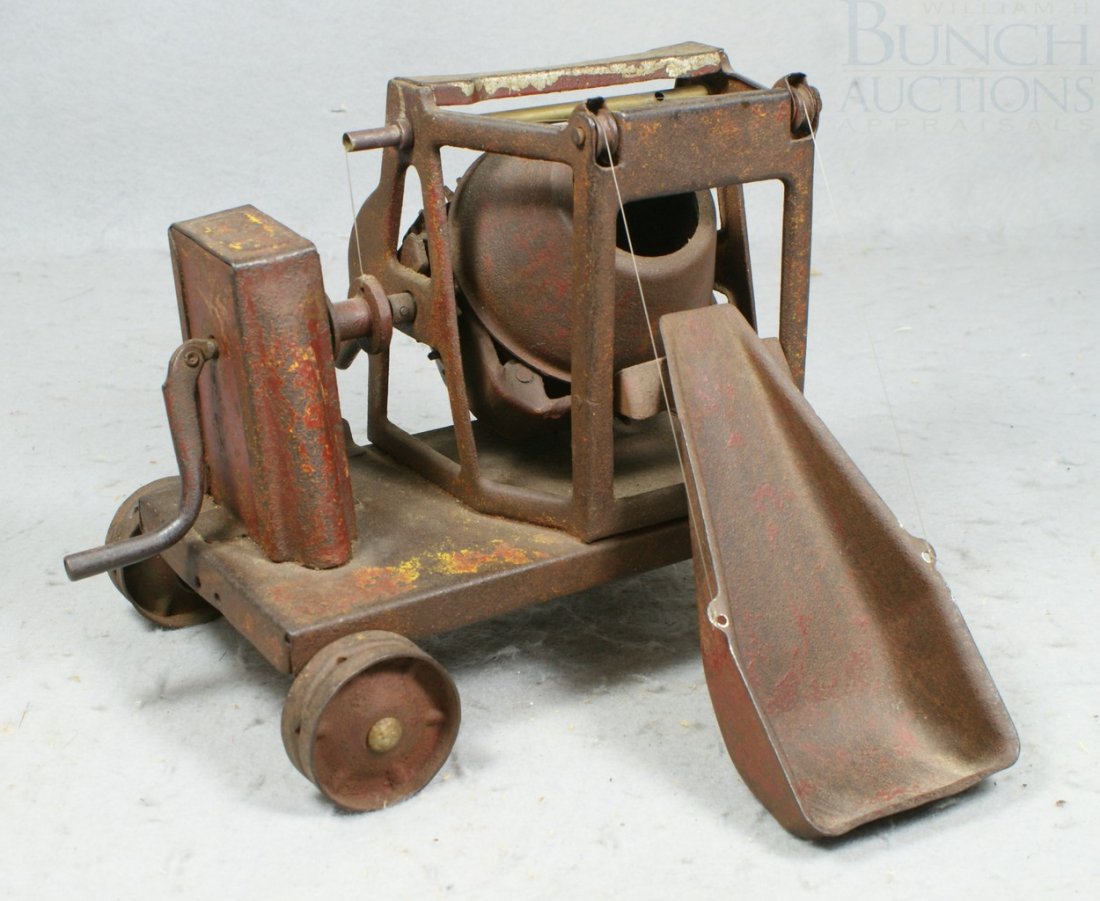 Pressed Steel Buddy L Cement Mixer, circa 1920, : Pressed Steel Buddy L Cement Mixer, circa 1920, surface rust and paint loss, 8-1/2" long x 4-3/4" high