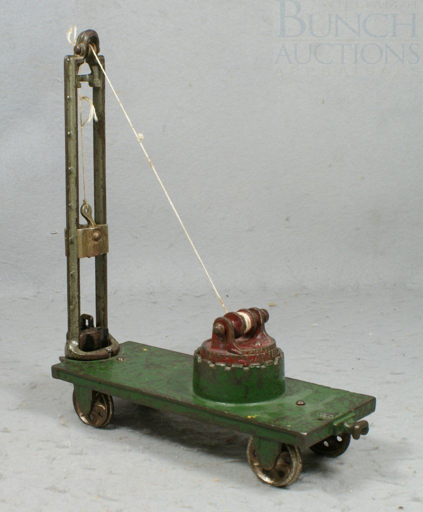 Arcade Cast Iron Pile Driver Rail Car, 10" acros: Arcade Cast Iron Pile Driver Rail Car, 10" across x 11-1/2" high, some paint loss