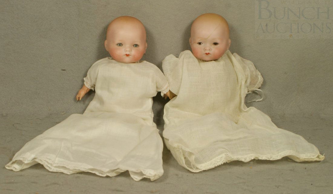 2 AM Bisque Head Baby Dolls, sleep eyes, cloth b: 2 AM Bisque Head Baby Dolls, sleep eyes, cloth body, compo hands marked "AM Germany 341/0" on back of head, head measures 8-1/4" around, crazing on all hands, one head with crack