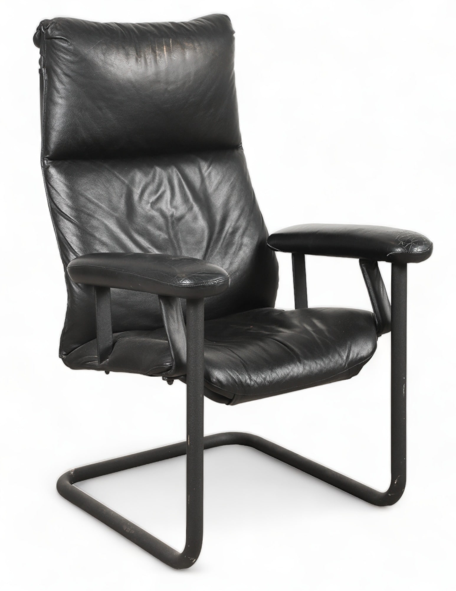 Add Interior System leather lounge chair: Add Interior System leather lounge chair, black leather, metal frame, 46"h x 27"w x 28"d, crackling to leather on arms
