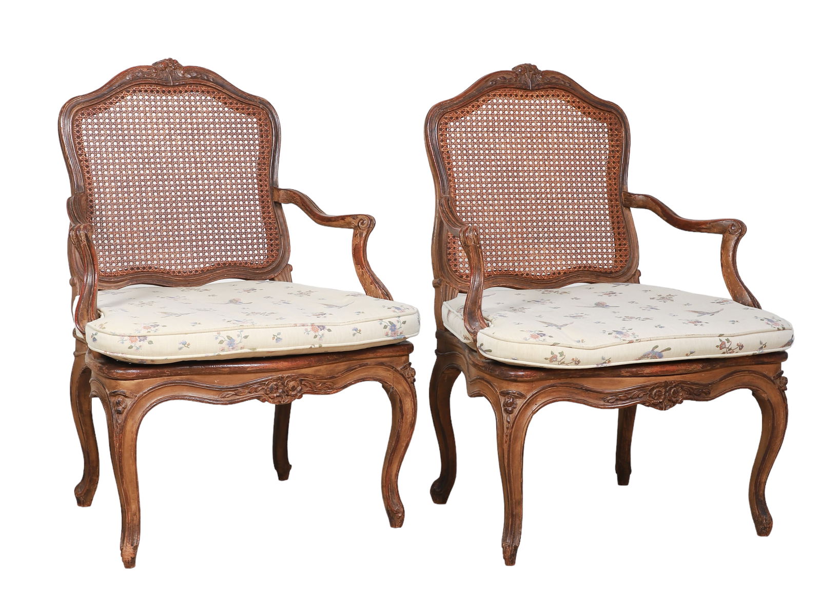 Pair of carved walnut Louis XV cane seat and back arm chairs (1 of 3)