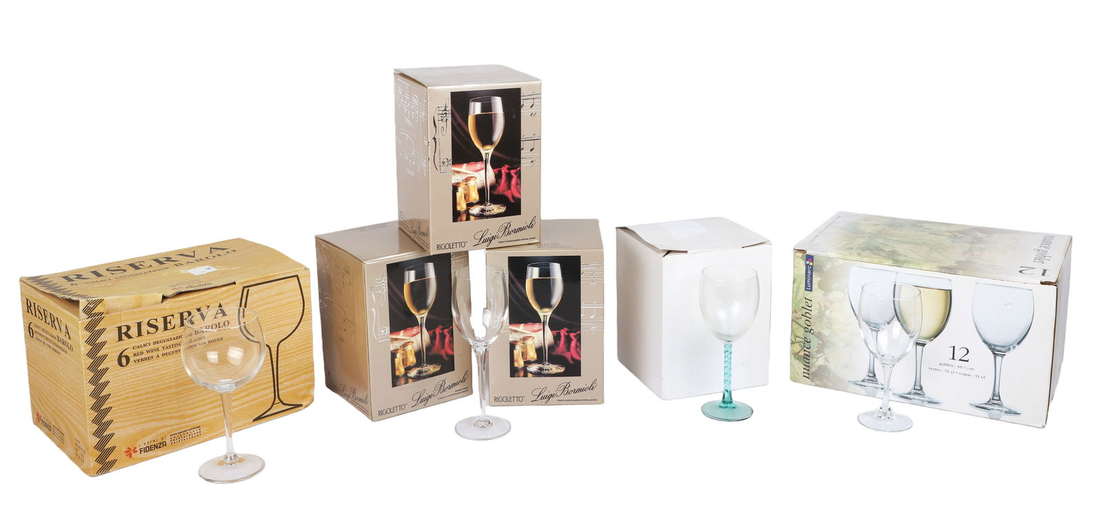 (34) Wine Glasses: (34) Wine glasses, in original boxes, c/o (12) Luigi Bormioli RIgoletto 9 oz blown crystal (8-1/2" h), (12) Luminarc Nuance goblets (7-1/4" h), (6) Reserva Barolo red wine tasting glasses (7-3/4" h),