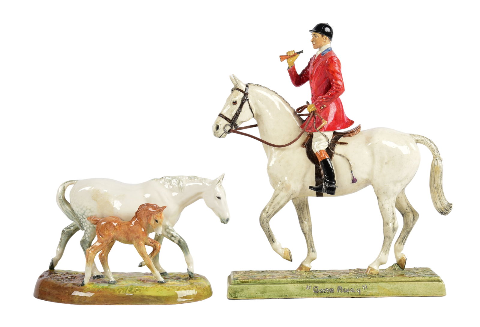 Royal Doulton Gude Grey Mare and Foal: Royal Doulton Gude Grey Mare and Foal, HN2532, 7" L x 5 " H, also to include a porcelain rider on horse titled 'Gone Away', signed M. Newmark (possible Marilyn Newmark) '54, 9" L x 11 3/8"H