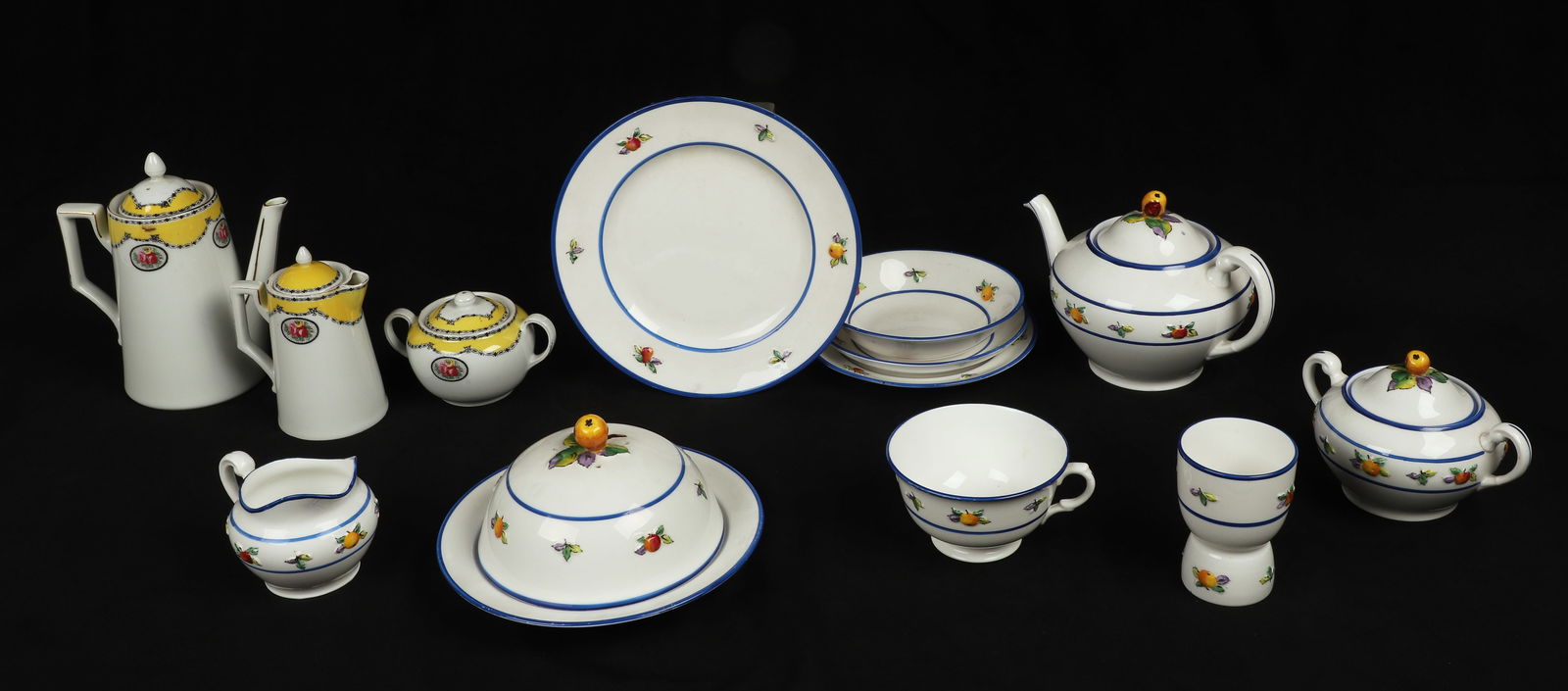 Tuscan China Breakfast Set & Victoria Chocolate Set: (13) Pcs porcelain, c/o Tuscan China breakfast set, embossed fruit decoration, RN #730978, c/o teapot, sugar bowl, creamer, pancake, egg cup, 7-7/8" plate, 6-1/4" plate, 5-1/2" fruit bowl, teacup, sau
