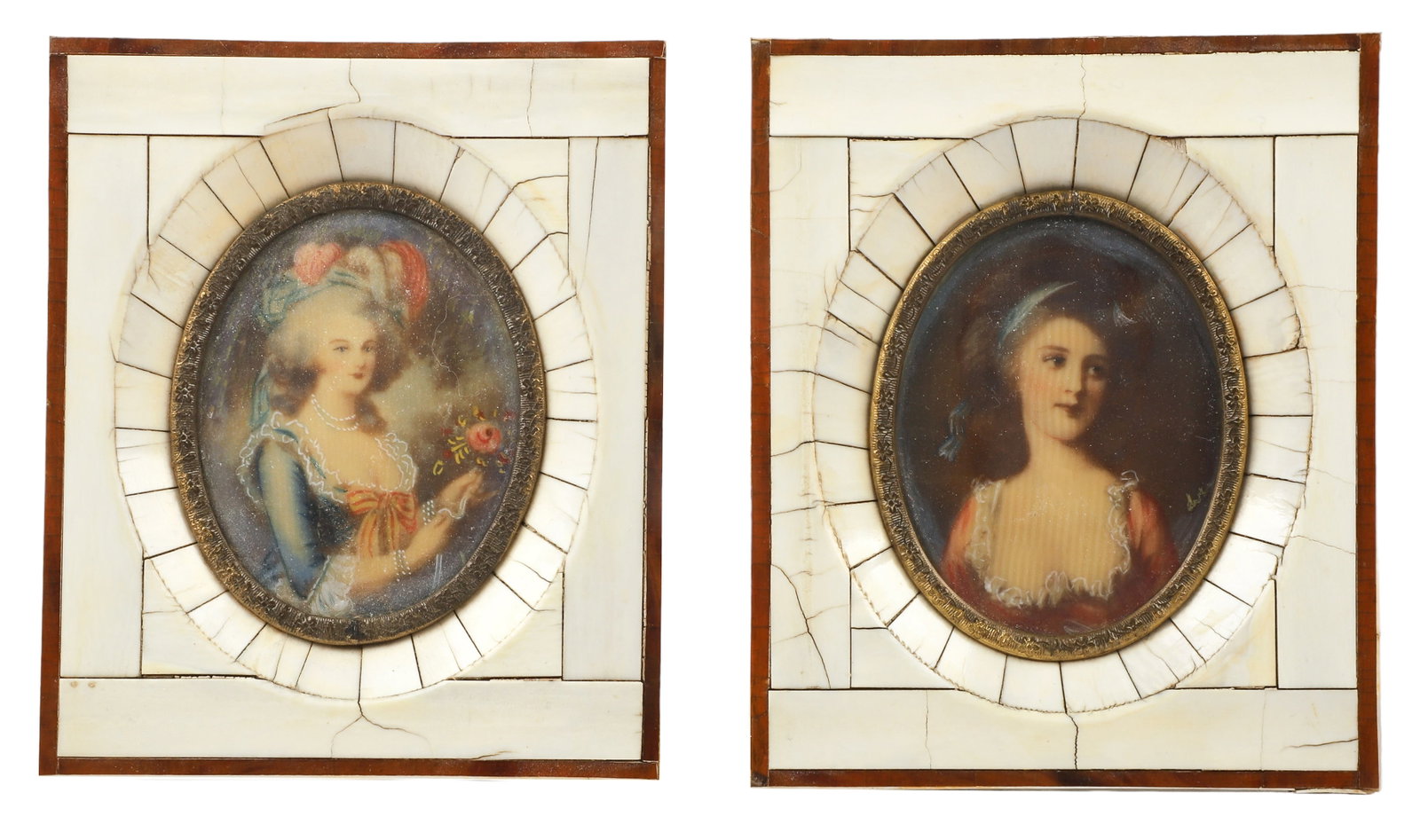 (2) Miniature Portrait Paintings: (2) Miniature portrait paintings, bone frames, 5" x 4-1/4" overall, c/o young girl with blue ribbon in hair signed illegibly, unsigned 18th C woman with large plumed hat