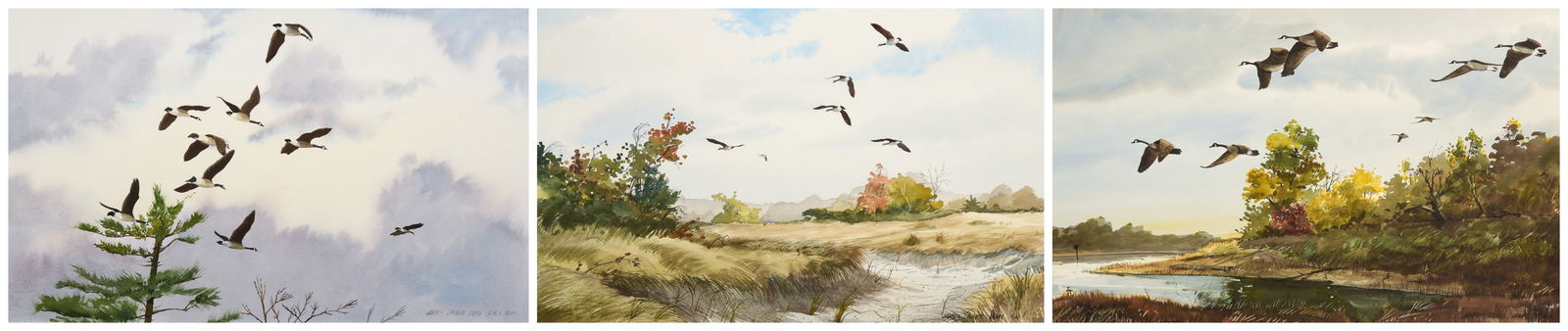 James Iams (3) Paintings Maryland Geese: James Iams, 20th C American, MD artist, (3) paintings Maryland Geese, each depicting geese in flight over the Eastern Shore of Maryland, watercolor on paper, signed "James Drake Iams", each approximat
