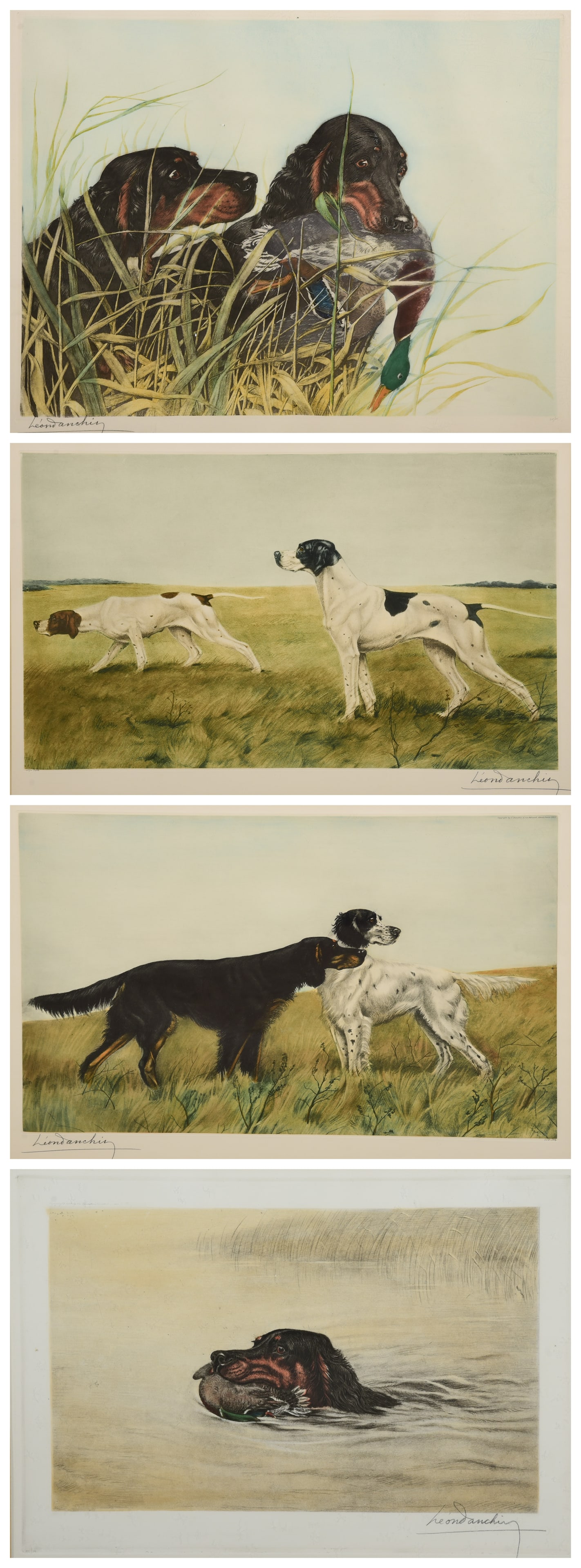 Leon Danchin (4) Etchings Hunting Dogs: Leon Danchin (French, b 1938) (4) etchings hunting dogs, color etching on paper, each pencil signed "Leon Danchin", largest 18-1/4" x 23-1/4" plate, framed 28" x 33", very good condition