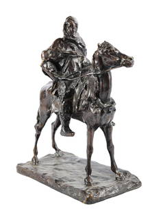 Paolo Troubetzkoy Bronze Berber on Stallion: Paolo Troubetzkoy (Russian, 1866-1938) Bronze, "Cavaliere Berbero e Stallone Arabo", signed in casting, 14"L x 17"H