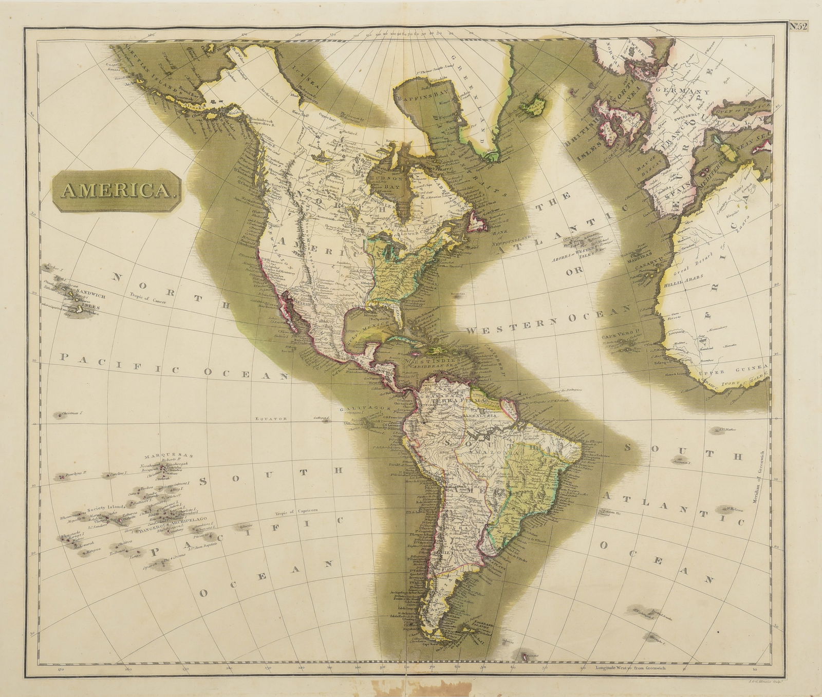 A nicely framed c1813 map of the Americas: A nicely framed circa 1813 map of North and South America by J. & G. Menzies. Originally published in John Thomson's A new general atlas, consisting of a series of geographical designs, on various pro