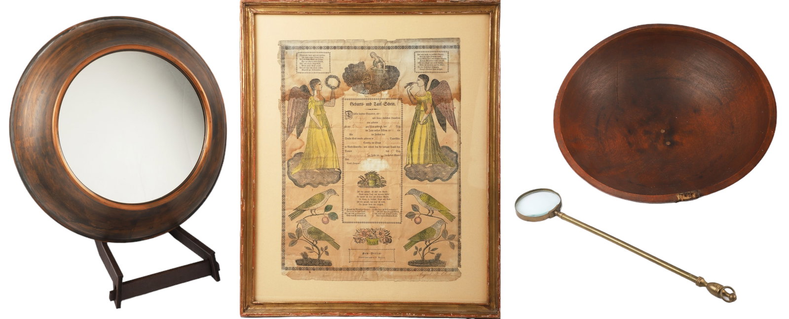Turned Wood Bowl, Framed Taufschein: Turned Wood Bowl, Framed Geburts und Taufschein to include a 19" dia turned wood bowl, a hand colored taufschein in bird and figure decoration, wear and water damage, printed and sold by G. Miller, 21