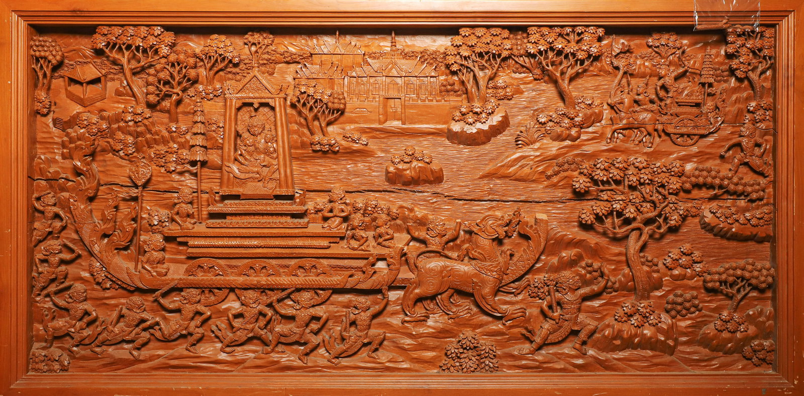 Thai Carved Wood Panel: Thai carved wood panel, procession, 40" x 80-1/4", some losses