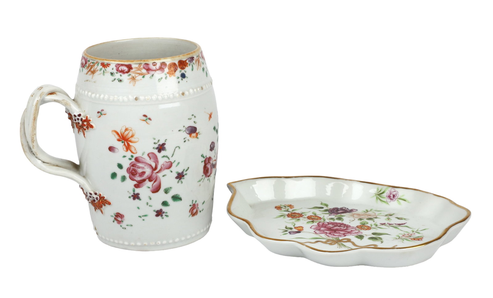 Chinese Export Porcelain Mug: Chinese export porcelain mug, double strap handle, hand painted floral decoration, unmarked, 5-3/4" h, chips to handle, also to include a similarly designed leaf form dish in hand painted floral decor