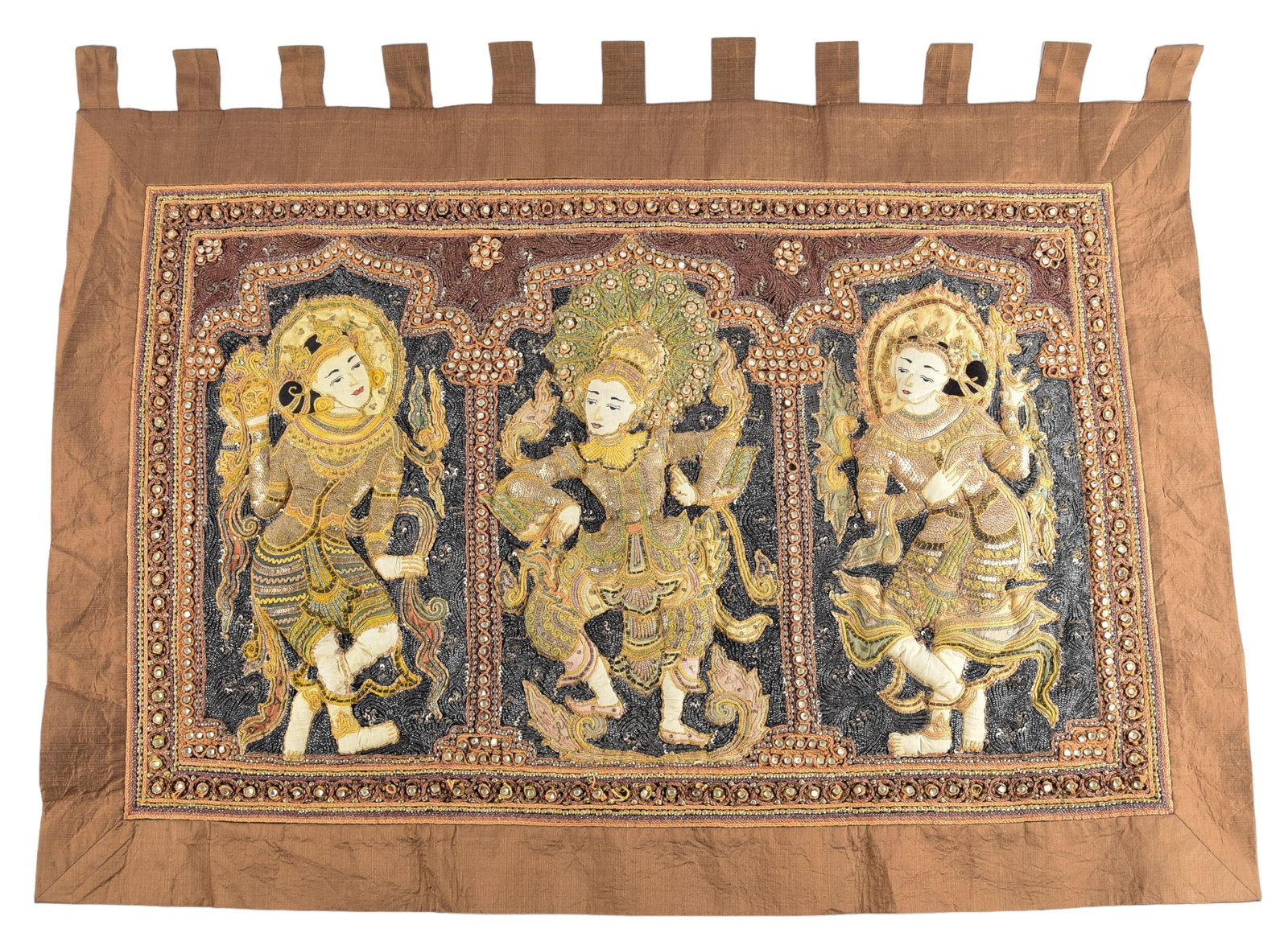 Burmese Kalaga Embroidered Tapestry: Burmese Kalaga embroidered tapestry, three dancing women, embellished with sequins, beads & stones, 34" x 29-1/4" excluding tabs