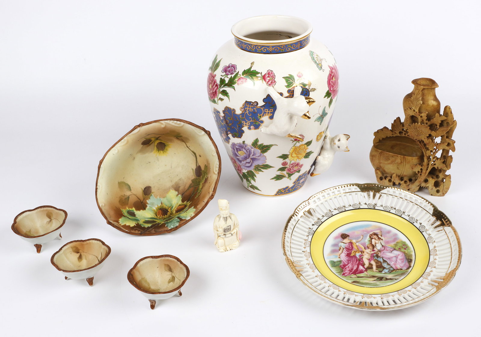 (8) Asian & Style Items: (8) Asian & style items, c/o Occupied Japan reticulated plate (9" dia), hand painted Nippon nut serving bowl & (3) individual bowls, carved bone figural snuff bottle (3-1/4" h), carved soapstone doubl