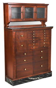 Mahogany dental cabinet: Mahogany dental cabinet, top with three glass doors over mirrored backsplash, over multiple sized drawers, 64"h x 40"w x 13"d, some damaged knobs