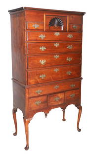 Walnut Queen Anne 2-pc Highboy, New England, 18th c: Walnut Queen Anne 2-pc Highboy, New England, 18th c top with 2 short drawers flanking a fan carved deep central drawer, over 4 graduated lipped drawers, the base with one long drawer over three short