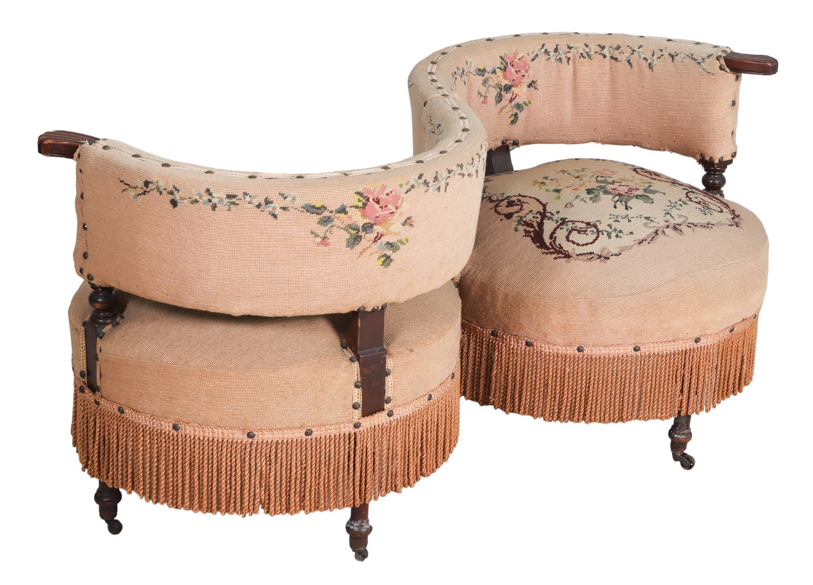 Walnut Victorian Tete-a-Tete, Needlepoint Upholstery: Walnut Victorian Tete-a-Tete, Floral Needlepoint Upholstery, 25"h x 50"w x 24"d