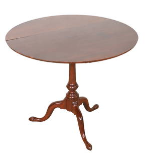 Queen Anne mahogany birdcage tea table: Queen Anne mahogany birdcage tea table, round 4 board top, on turned post on tripod base on pad feet, 27-1/2"h x 34-1/4" x 35", 11 ¼” split in top, some drying, generally appears in good