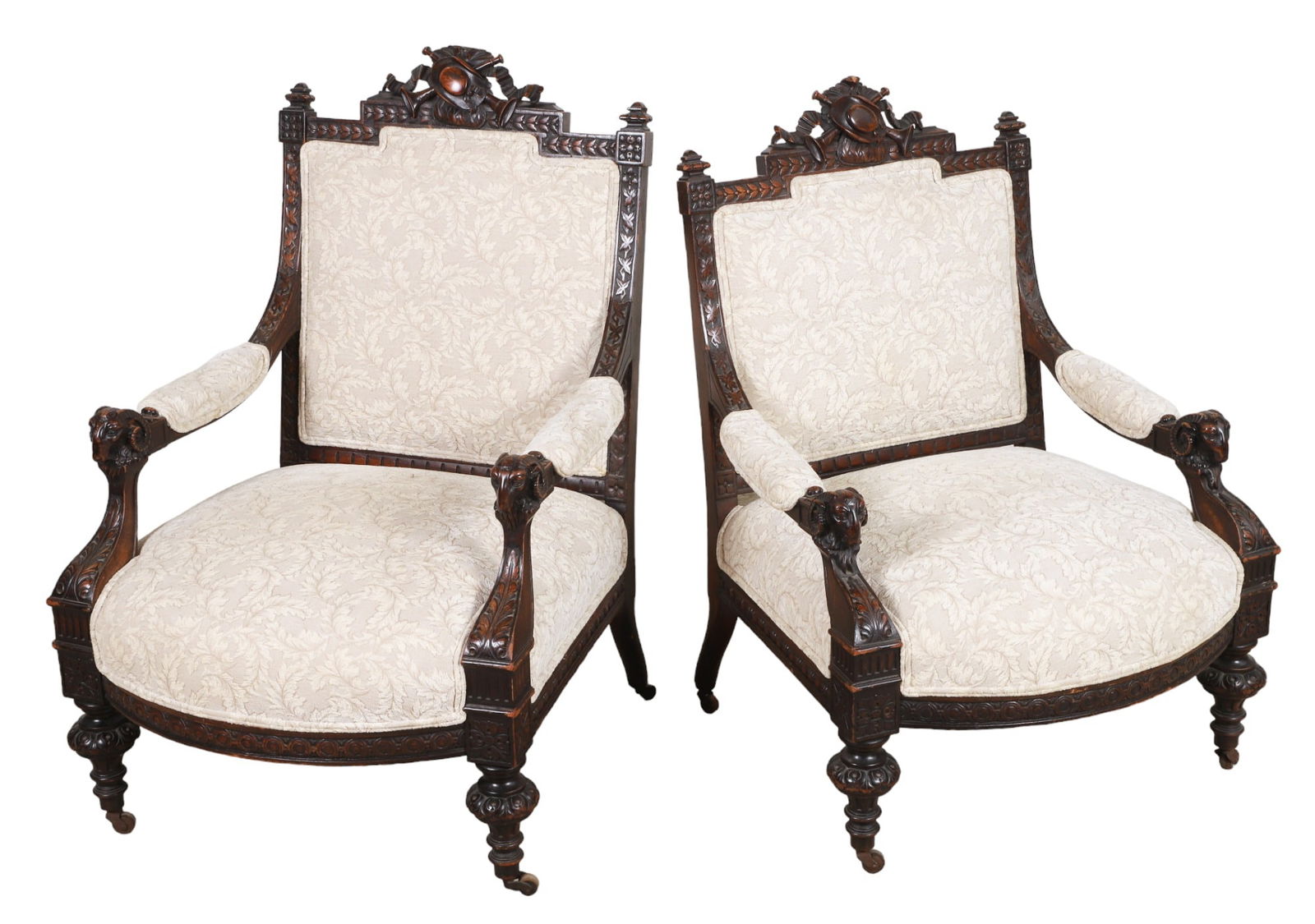 Pr Renaissance Revival Carved Walnut Ladies and Gentleman's Open Armchairs (1 of 7)