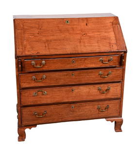 Walnut Chippendale front desk: Walnut Chippendale front desk, interior with flat interior over 4 beaded graduated drawers, with original brasses, raised on OG bracket feet, 40"w x 43"h x 32-1/2" writing surface, Pennsylvania, late