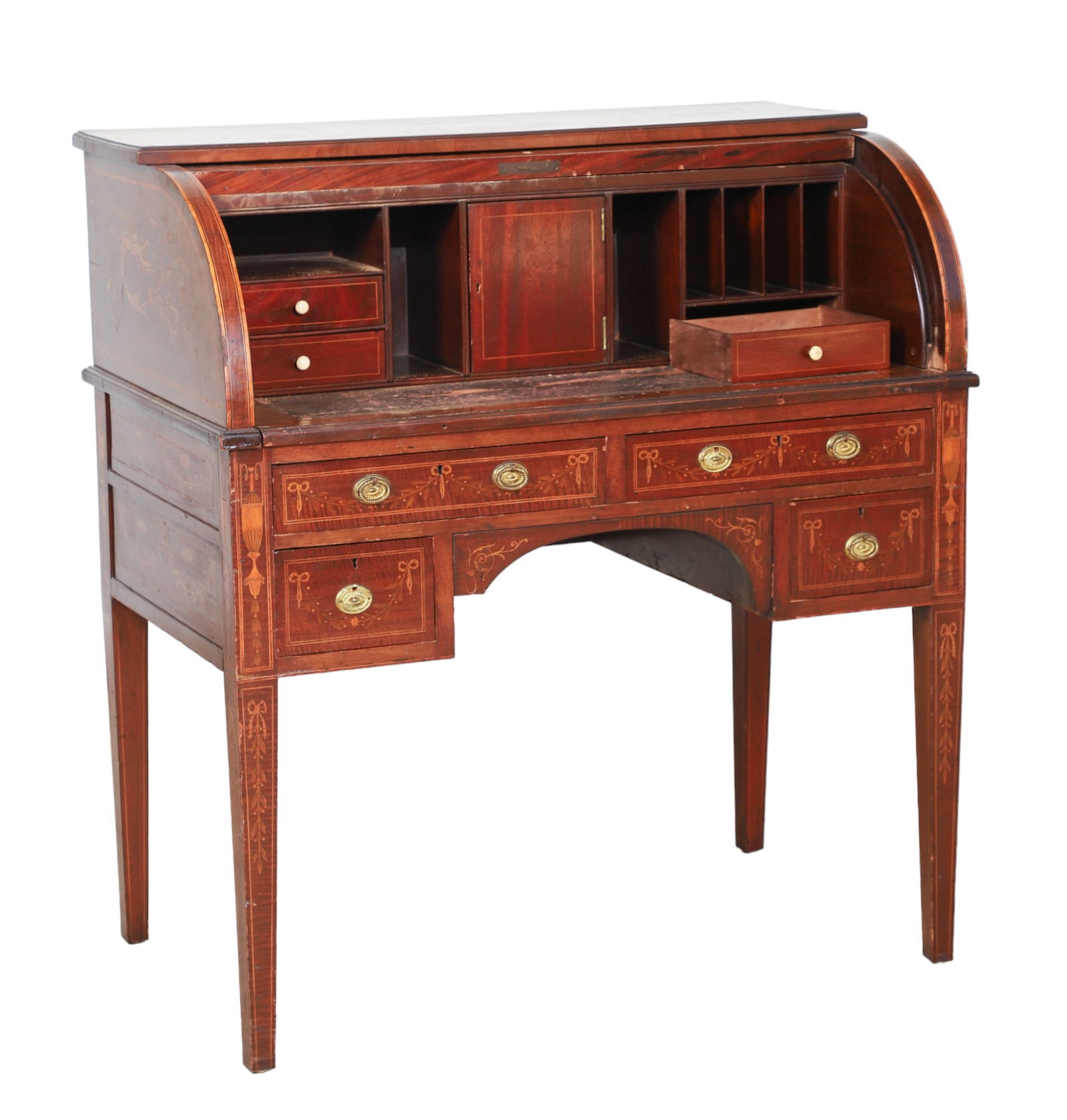 Marquetry Inlaid mahogany ladies roll top desk: Marquetry Inlaid mahogany ladies roll top desk interior with drawers and cubby holes, leather writing surface with distress, base with four drawers late 19th century, 35" w x 21"d x 39" h, missing pie