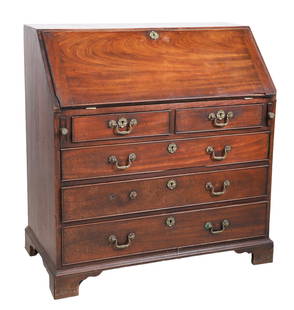 Mahogany Chippendale slant front desk: Mahogany Chippendale slant front desk, lid over flat interior with cubbies and drawers, base with 2 over 3 beaded edge drawers, raised on molded feet, late 18th c, 40"h x 39"w x 21"d, wear to felt