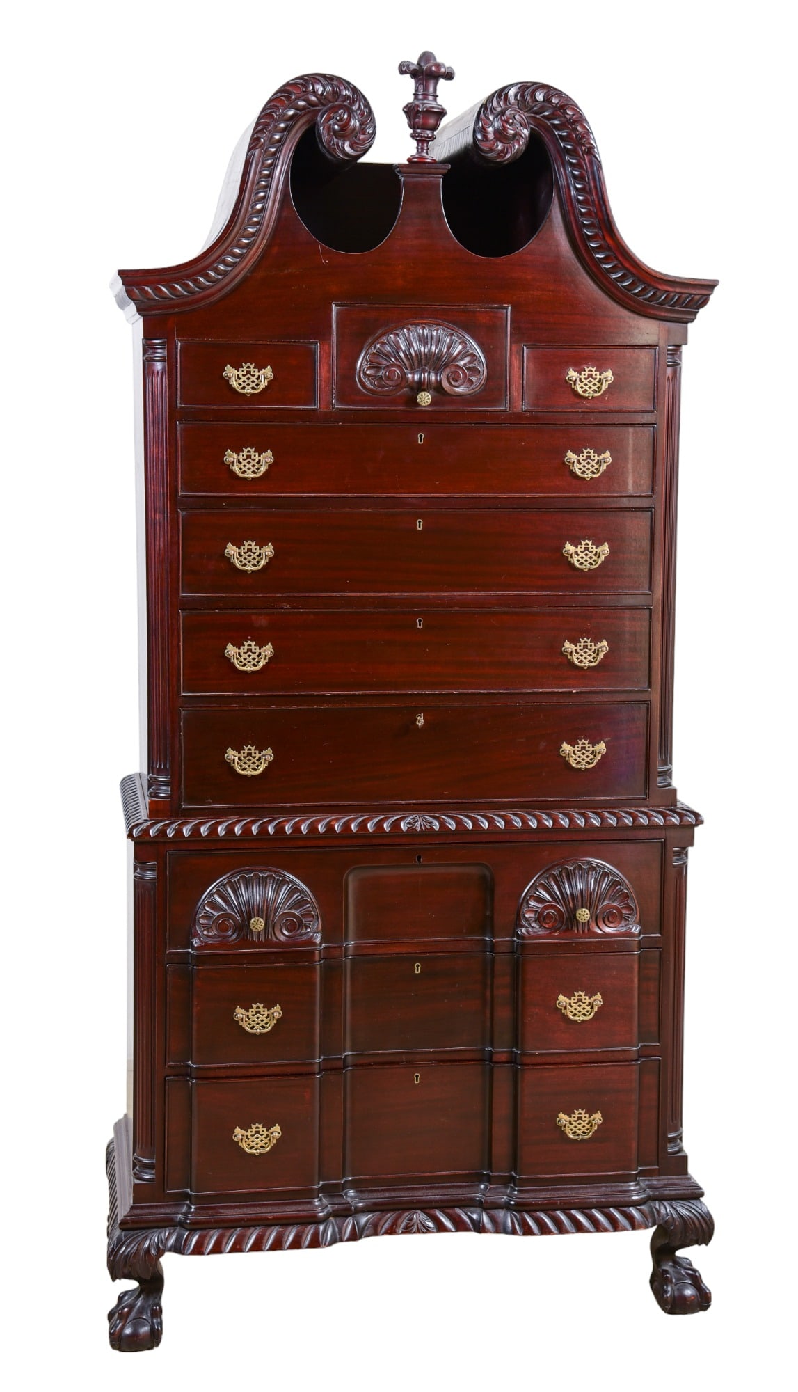 Carved mahogany Chippendale style 2-part scroll top highboy (1 of 8)
