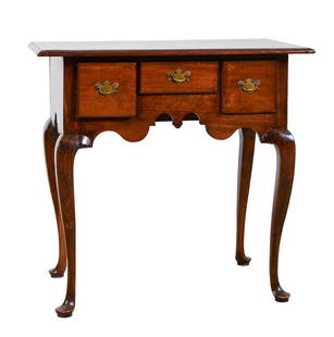 American walnut Queen Anne lowboy: American walnut Queen Anne lowboy, molded applied top, base with 3 short overlapping drawers over scalloped apron, raised on cabriole legs on pad feet, appears to be beech, original brasses, body