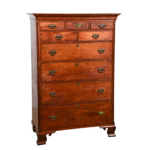 Walnut Chippendale tall chest of drawers: Walnut Chippendale tall chest of drawers, cove moulded cornice, the case with three short over two short over 4 long beaded edge drawers, with replaced Chippendale plate brasses, top central drawer