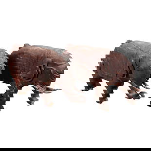 Pair carved wood elephants: Pair carved wood elephants, according from unverified provenance from carnival in north Jersey, old painted surface, one needing repair to leg, 48"l x 29"h
