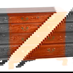 Cherry Chippendale 4 drawer chest: Cherry Chippendale 4 drawer chest, top with applied moulding over 4 lipped graduated drawers, with replaced bail brasses, flanked by inset corner columns, all raised on OG bracket feet, Delaware Valle