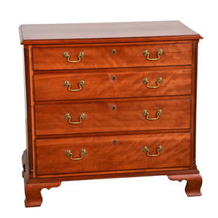 Cherry Chippendale 4 drawer chest: Cherry Chippendale 4 drawer chest, top with applied moulding over 4 lipped graduated drawers, with replaced bail brasses, flanked by inset corner columns, all raised on OG bracket feet, Delaware