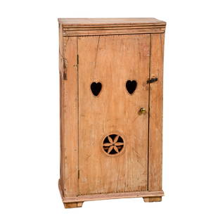 Primitive pine one door cupboard: Primitive pine one door cupboard, door with double heart and pinwheel cutout, scrubbed finish, interior with three shelves, 44"h x 24"w x 12"d