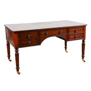 Mahogany Sheraton style partners desk: Mahogany Sheraton style partners desk, top with three leather tooled inserts, base with three short drawers over two short drawers raised on turned and reeded legs, two pull out slides at other end,