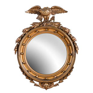 Gilt Girandole mirror: Gilt Girandole mirror, Freidman Brothers, convex glass, missing ball at lower center of frame, with some wear to gilt on other balls, 34-1/2"