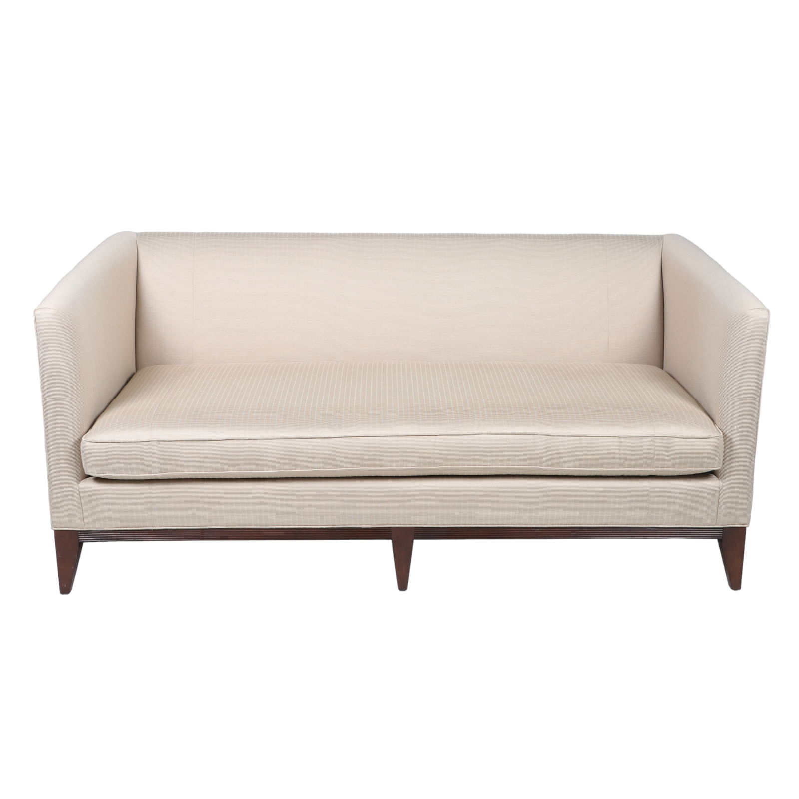 Sherrill Contemporary upholstered sofa: Sherrill Contemporary upholstered sofa, gold upholstery with mahogany tapered leg base, 34"h x 75"w x 36"d