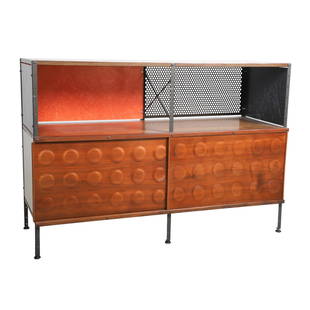 Charles and Ray Eames style "ESU 200" Industrial sideboard: Charles and Ray Eames style "ESU 200" Industrial sideboard, rectangular top over shelf over two sliding doors with bubble decoration, galvanized and metal rods, 33"h x 47"w x 18"d, scratches to inside