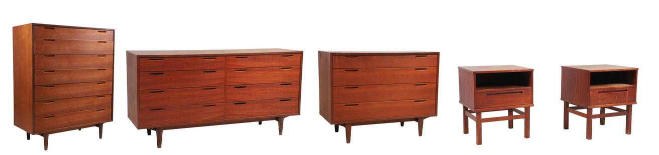 (5) pc Danish Modern bedroom set: (5) pc Danish Modern bedroom set, c/o dresser, high chest, pair nightstands, 48"h x 38-1/2"w x 39-3/4"d, watermarks to top