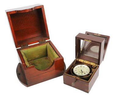 Cased Waltham 8-Day Ship Chronometer: Cased Waltham Watch Co 8-day ship chronometer, 3 inch dial with silvered bezel, gimbal mounted in a mahogany case, Up/Down Wind indicator, lid with engraved brass plate "US Shipping Board Ship Watch N
