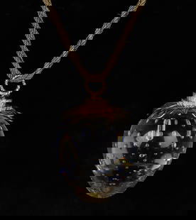 Donald Pollard Steuben Strawberry Necklace: Donald Pollard Steuben Strawberry Necklace, mounted on 18K calyx marked S 18k, The glass strawberry with controlled bubbles inside is also etched S, 2"L, on 14K chain, 7.1 DWT chain, 49.5 DWT when joi
