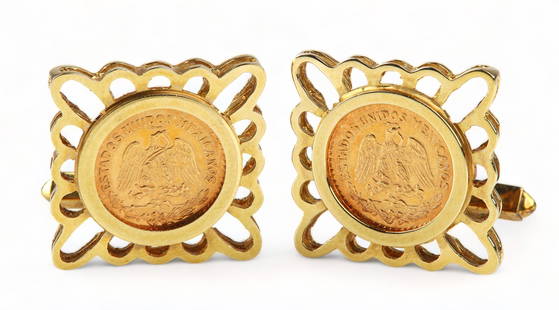 14K Yellow Gold Coin Centered Cufflinks: 14K Yellow Gold Coin Centered Cufflinks, 1945 2 Peso centered, 8.7 DWT