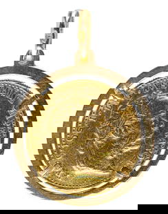 1915 Gold Austrian 1 Ducat Coin Pendant: 1915 Fine Gold Austrian 1 Ducat Coin Pendant, in 18K yellow gold frame, stamped 750 at bale, 3.6 DWT