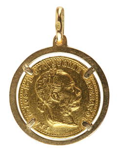 1915 Gold Austrian 1 Ducat Coin Pendant: 1915 Fine Gold Austrian 1 Ducat Coin Pendant, in 18K yellow gold frame, stamped 750 at bale, 3.6 DWT