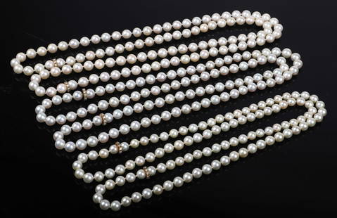 (3) Graduated Diamond Set Pearl Strands: (3) Graduated diamond set pearl strands, 38" 8.6 mm, 36" 8.3 mm, 34" 7.2 mm, each with (2) 10-diamond 14K yellow gold set spacers, 2.1 mm diamonds, 1.8 CTW